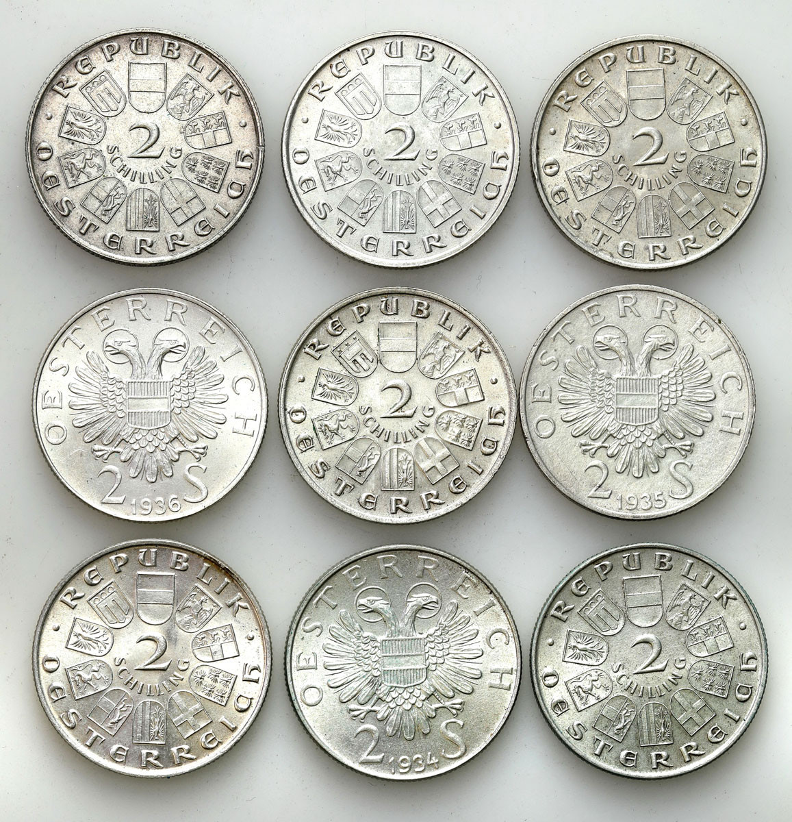 Austria. 2 schilling 1928-1936, zestaw 9 monet